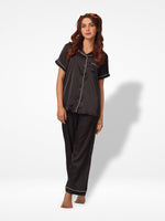 Satin Pajama Set for Women - Contrast Piping, Notch Collar, Button Down, Short Sleeve & Long Pant