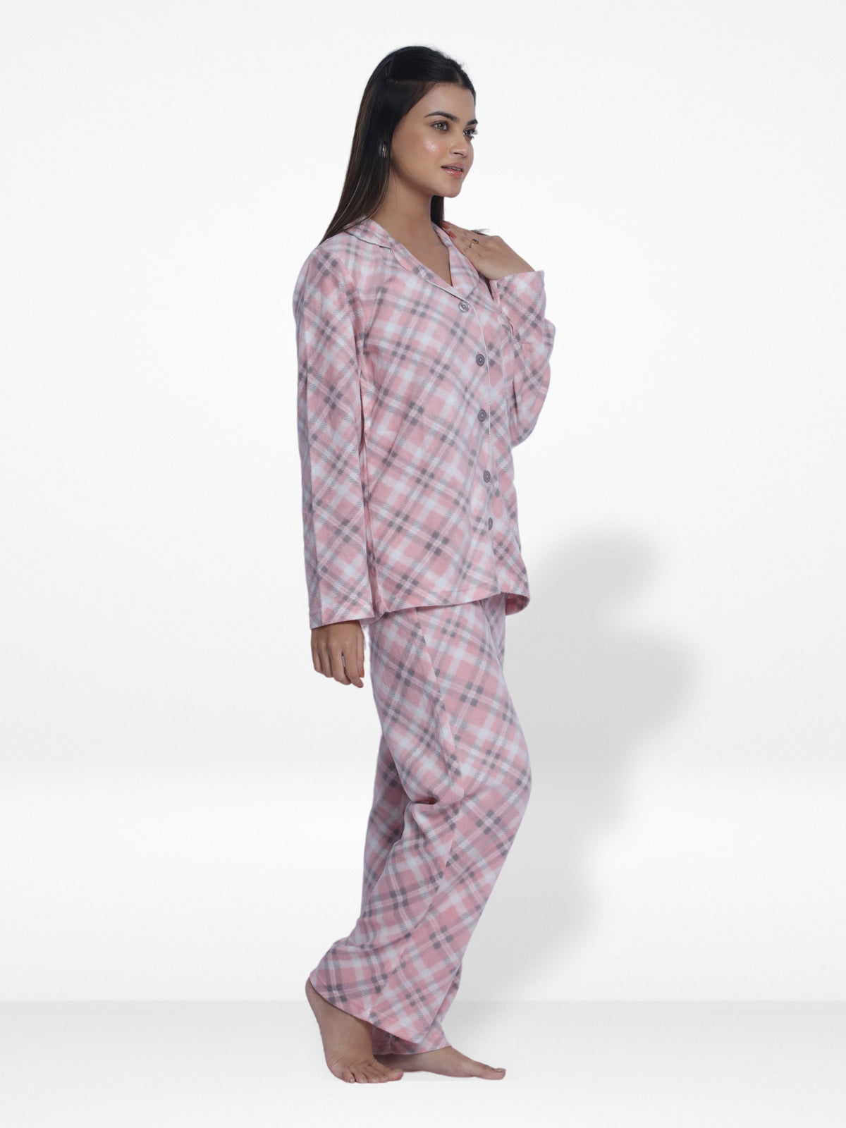 Women Micro Polar Fleece light pink check print Sleepwear Long Sleeve Pyjama Set