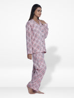 Women Micro Polar Fleece light pink check print Sleepwear Long Sleeve Pyjama Set