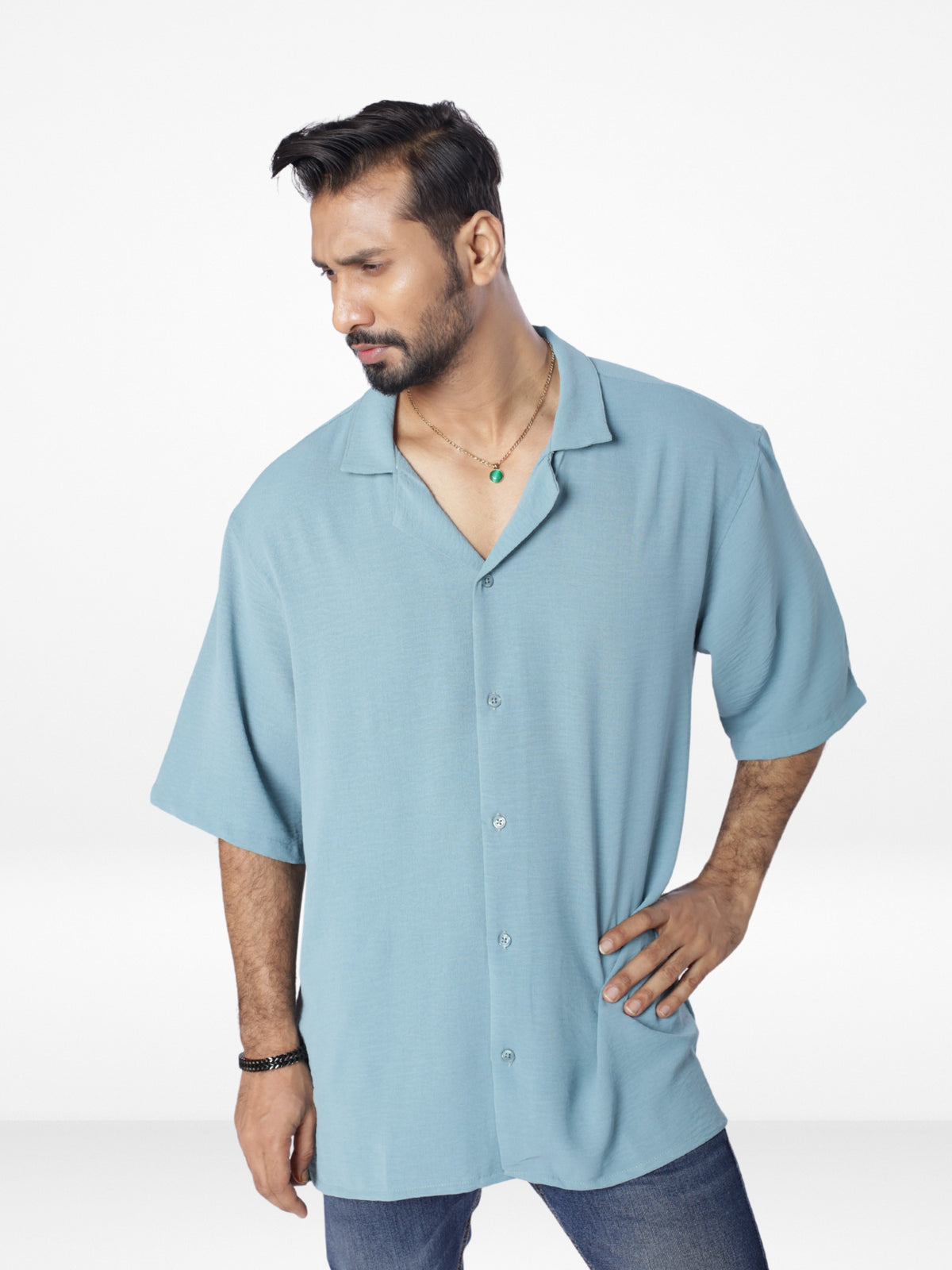 Men's Half-Sleeve Relaxed-Fit Casual Cuban Collar Shirt| POP GREEN