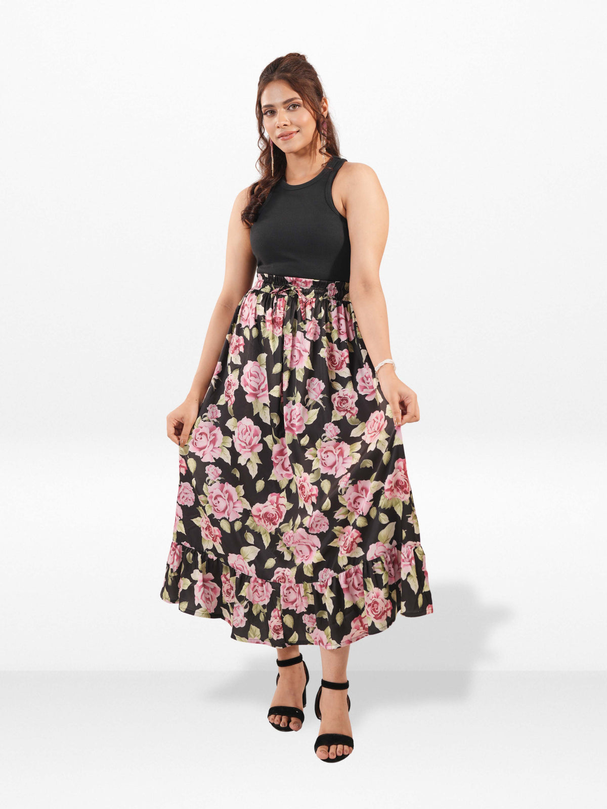 Women’s All Over Printed Maxi Skirt – Summer Pleated High Waist Casual Long Skirt
