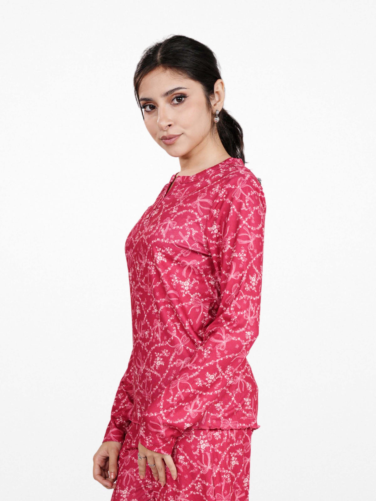 Women's Henley Long Sleeve Printed Top – Soft & Stretchy Rib Knit Casual T-Shirt