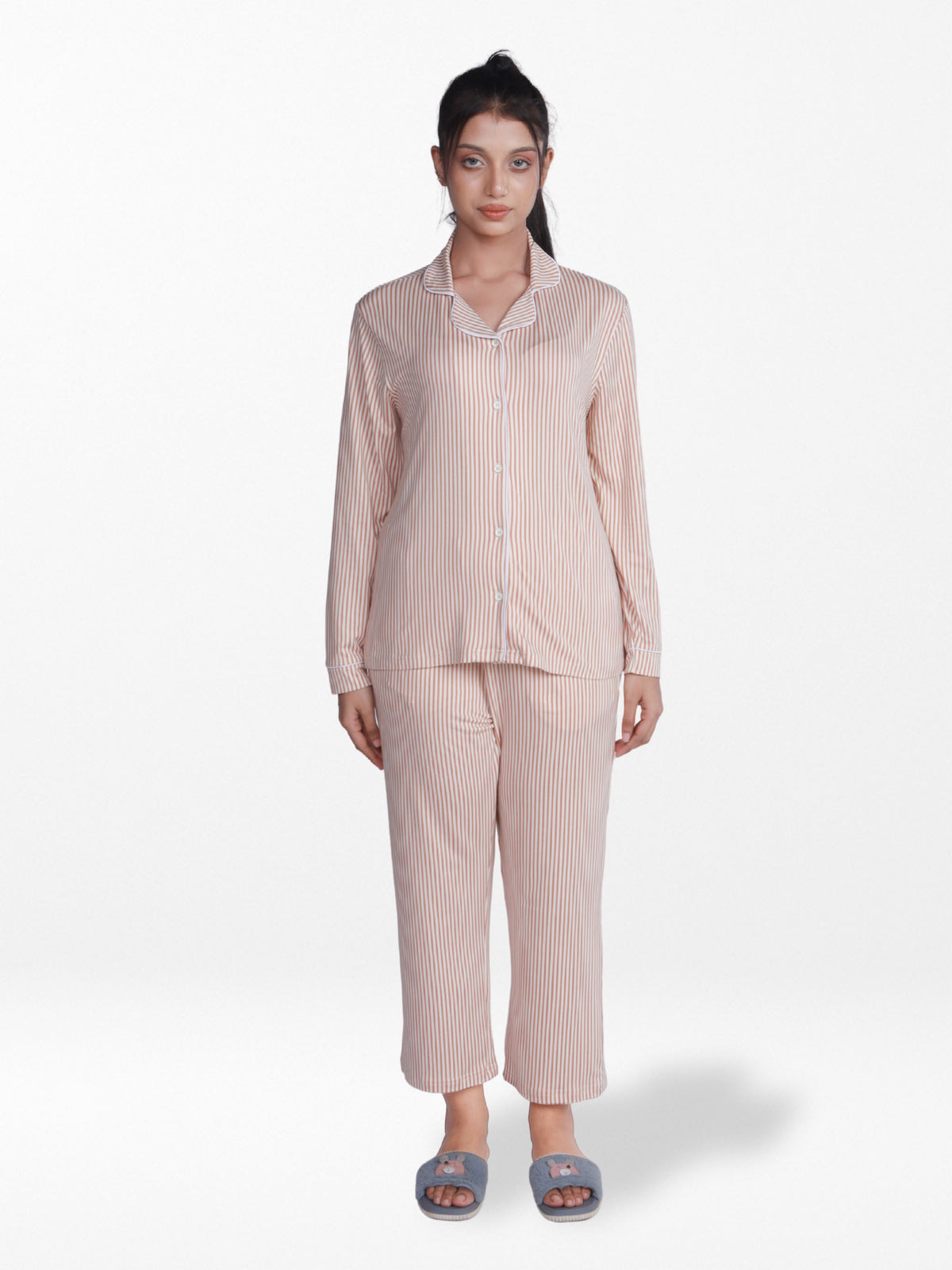 Women Coral Pink Check Sleepwear Long Sleeve Pyjama Set