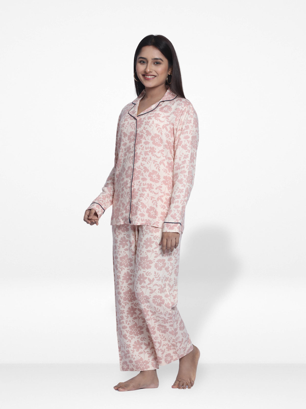 Women Warm Grey FloralSleepwear Long Sleeve Pyjama Set