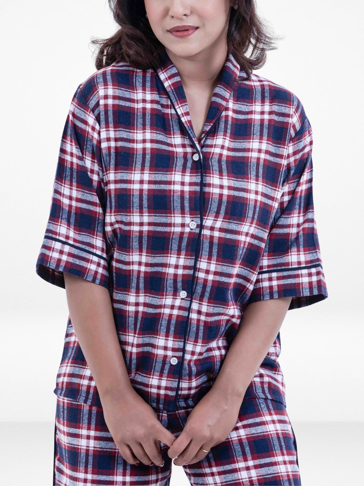 WomenClassic Button-Down Pajama Set Soft FlannelFabric Sleepwear | Three-Quarter Sleeves, Notch Collar Top & Full-Length Pants | Cozy Loungewear for Night & Home Pyjama Set Brown Check