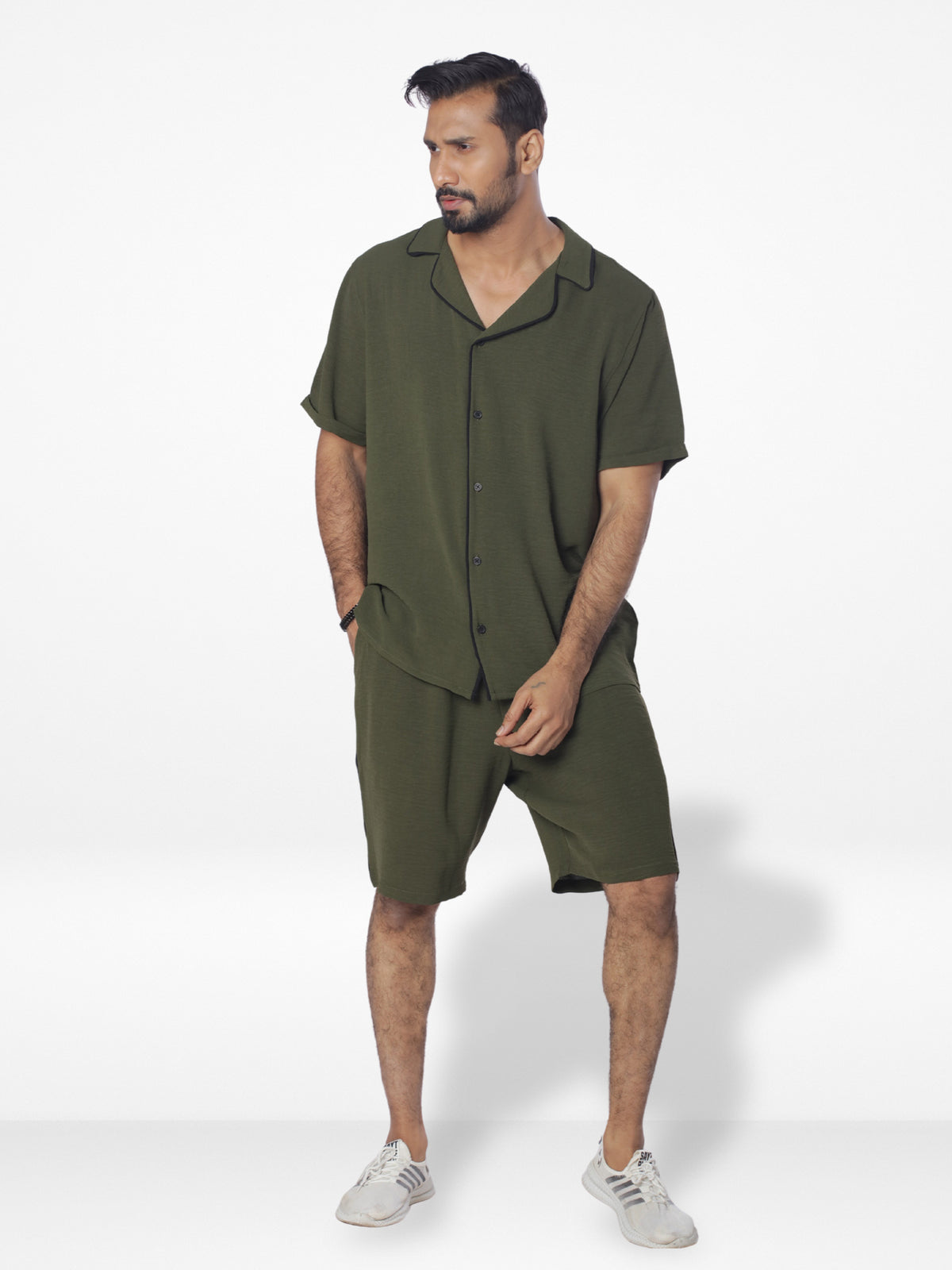 Men's Casual Short Sleeve Button Down Shirt Short Pant Set | Olive