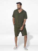 Men's Casual Short Sleeve Button Down Shirt Short Pant Set | Olive