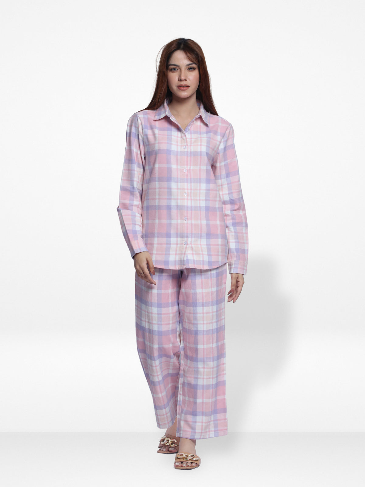 Women Pink Check Print Co-Ord Set with Luxury Details