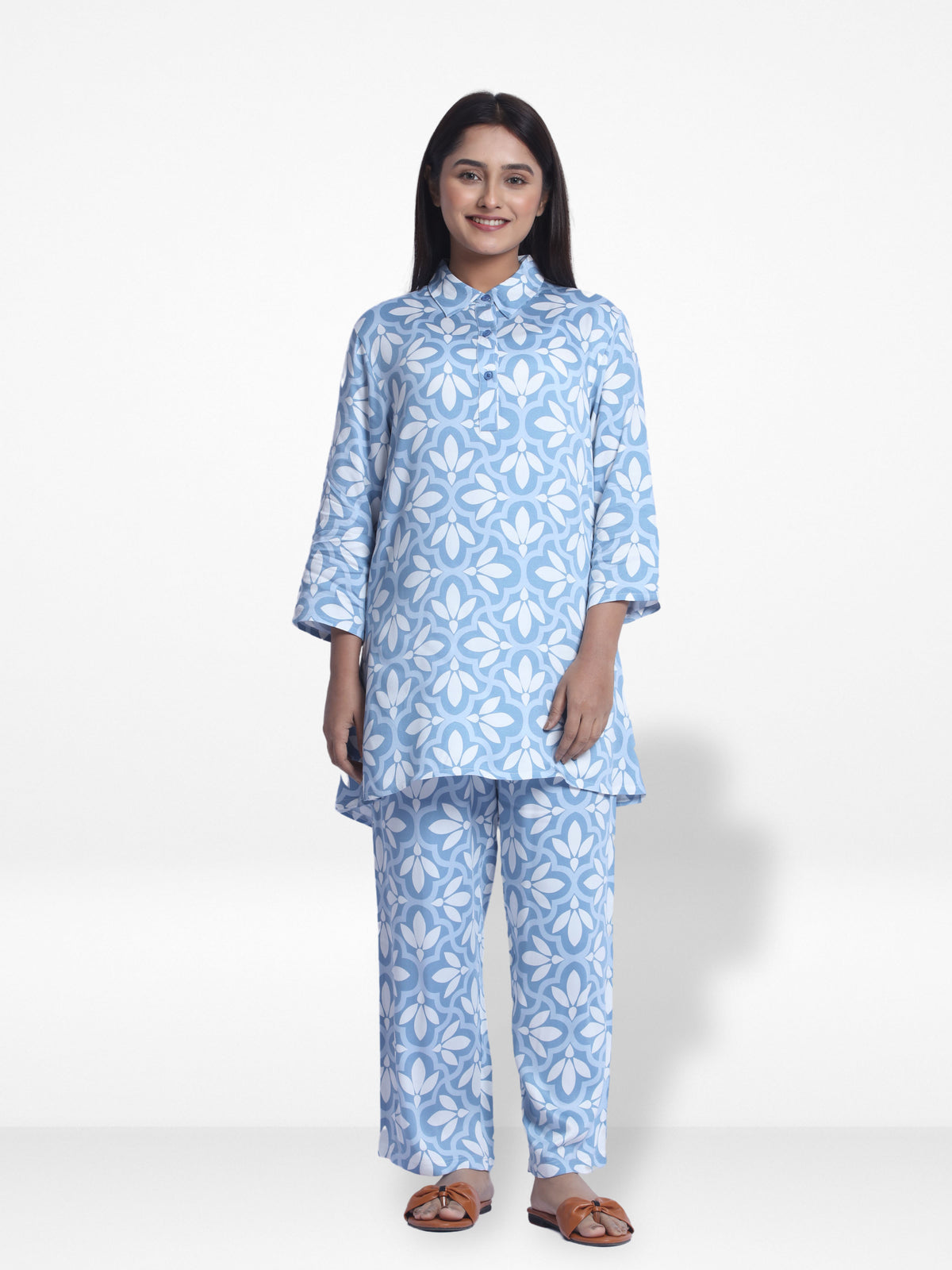 Women Sky Blue Aop Print Co-Ord Set with Luxury Details