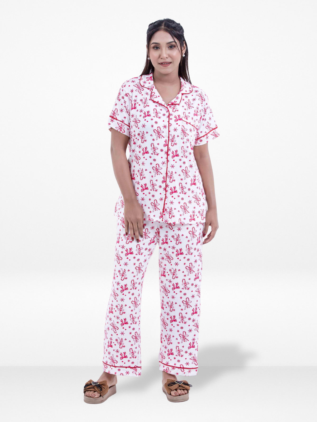 Women Christmas Candy Cane Printed Pyjama Set , Night wear Dress Women's Printed Night Suit Set Shirt & Pyjama | Soft Nightwear Dress, 2 Piece Sleepwear for Women,