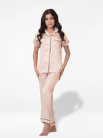 Satin Pajama Set for Women - Contrast Piping, Notch Collar, Button Down, Short Sleeve, Long Pant