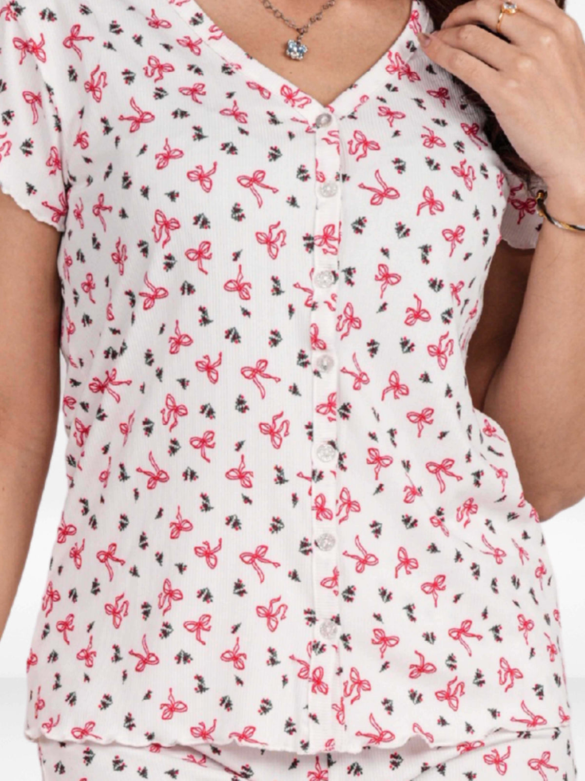 Women’s Short Sleeve Button-Down Top | Printed Sleepwear Shirt | Soft & Stretchy Yummy Rib Fabric | Lounge Top - Egret