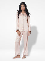 Satin Pajama Set for Women - Contrast Piping, Notch Collar, Button Down, Long Sleeve & Long Pant