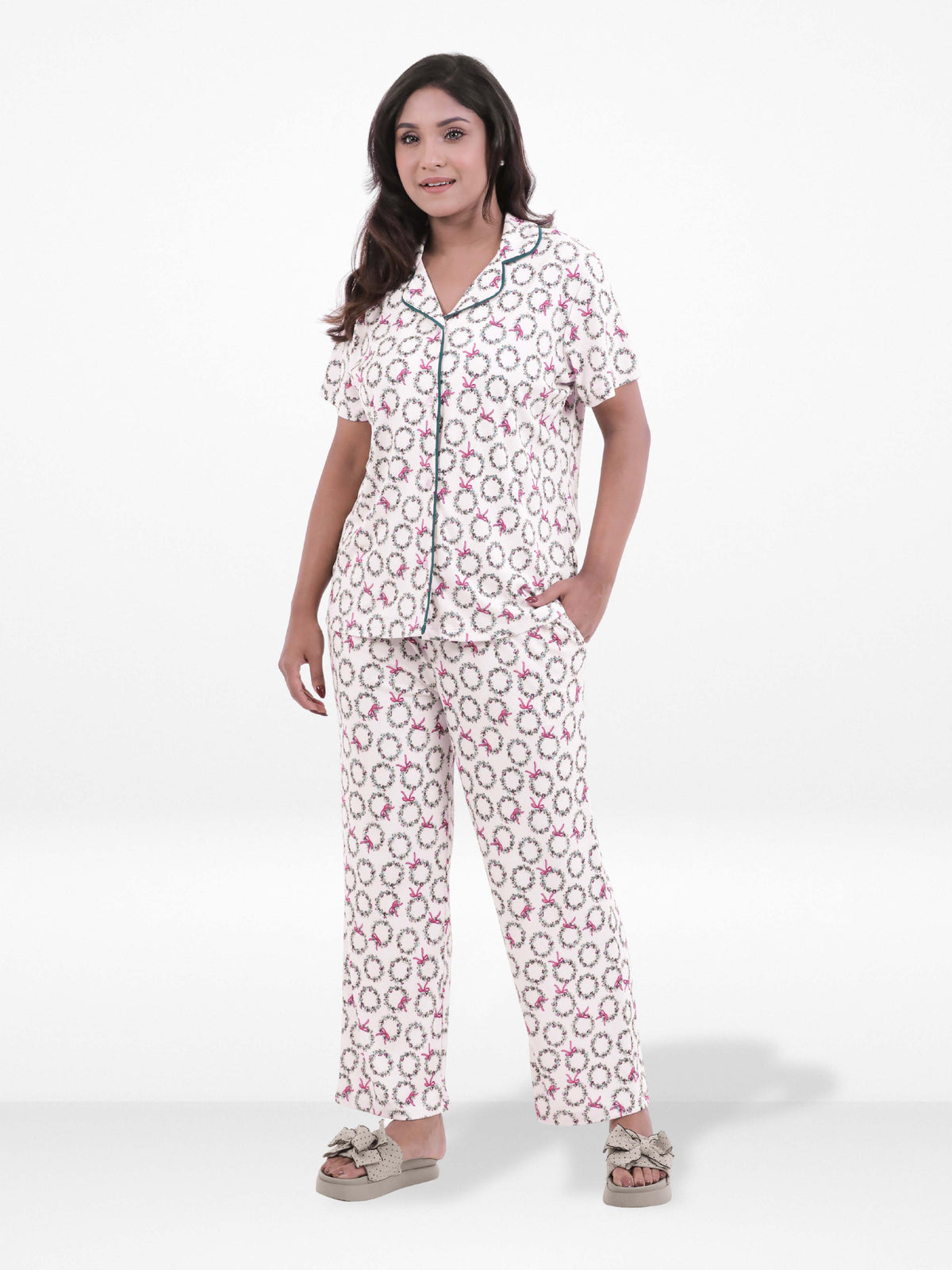 Women’s 3-Piece Pajama Set – Yummy Rib Fabric Sleepwear with Contrast Piping, Notch Collar & Button Down Top,