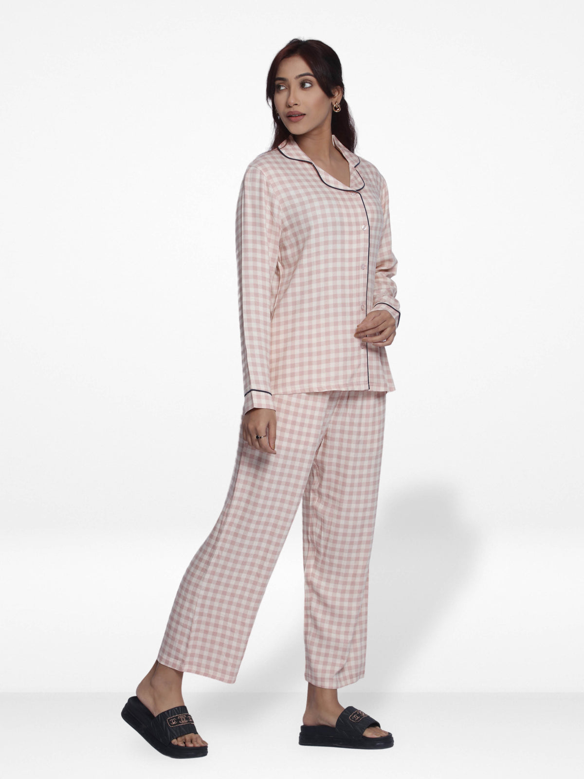 Women Warm Grey CheckSleepwear Long Sleeve Pyjama Set
