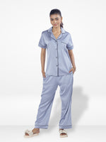 Satin Pajama Set for Women - Contrast Piping, Notch Collar, Button Down, Short Sleeve Long Pant
