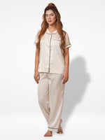 Satin Pajama Set for Women - Contrast Piping, Notch Collar, Button Down, Short Sleeve Long Pant -Inteblu™