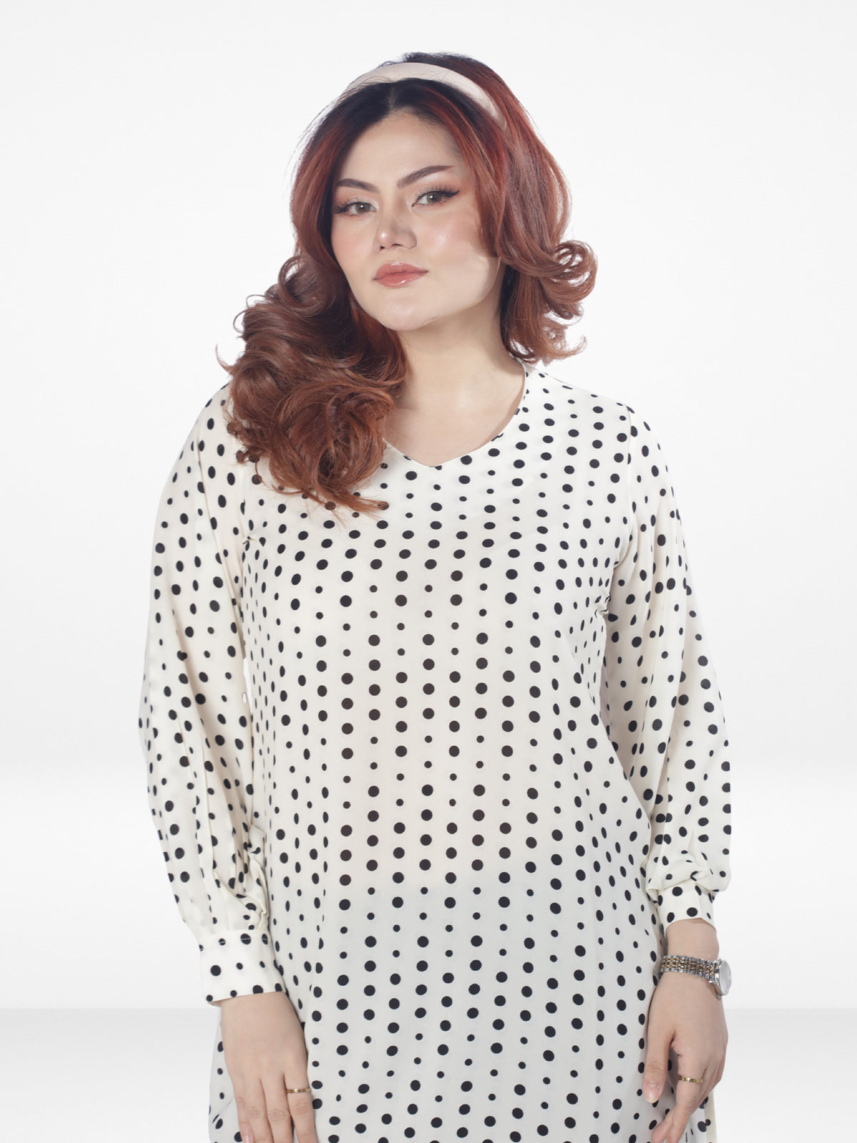 Women All Over Black Dot Print Full Sleeve Long Top| Beige