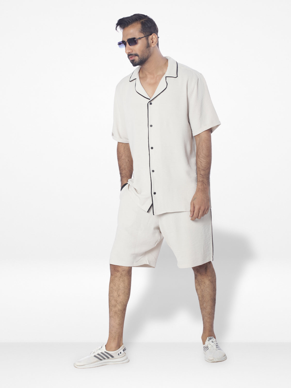 Men's Casual Short Sleeve Button Down Shirt & Short Pant Set |Beige