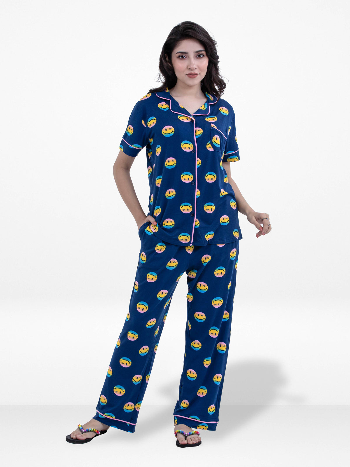 Women Blue Smiley Face Printed Pyjama Set,Night wear Dress Women's Aop Printed Night Suit Set Shirt & Pyjama | Soft Nightwear Dress, 2 Piece Sleepwear for Women,