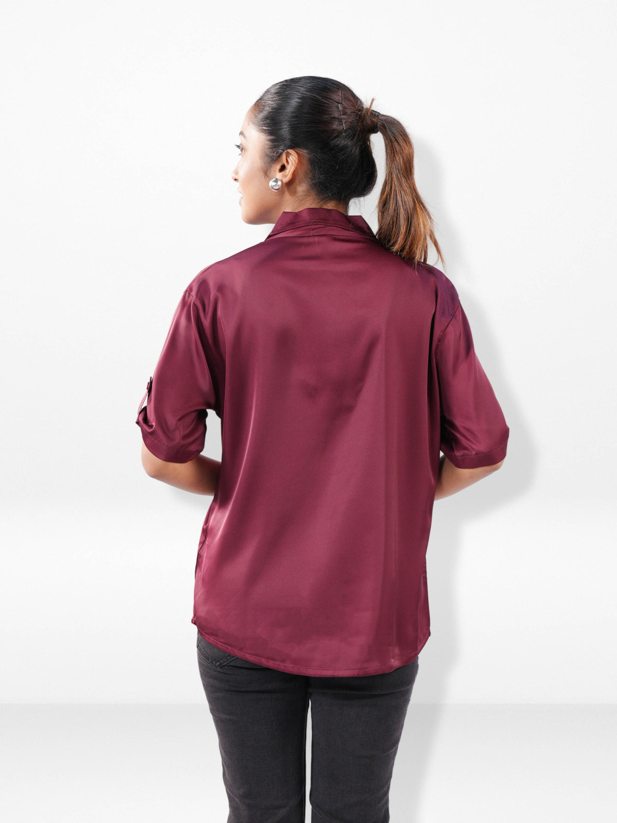Women’s Short Sleeve Satin Shirt – Spread Collar Button-Down Top | Soft Shiny Formal & Casual Wear