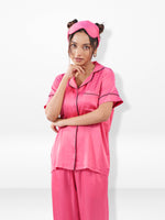 Satin Pajama Set for Women - Contrast Piping, Notch Collar, Button Down, Short Sleeve Long Pant & Sleep Eye Mask