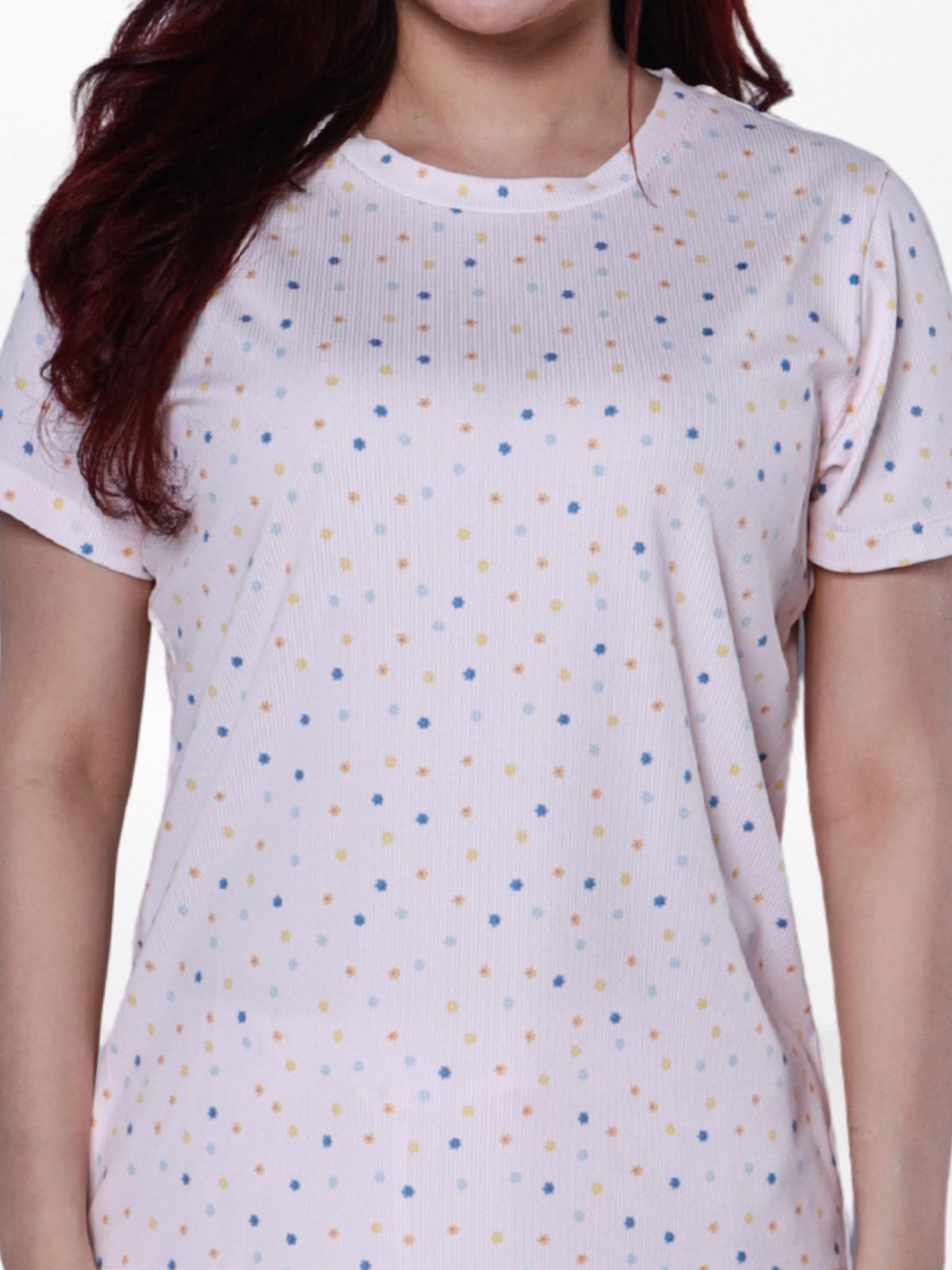 Women’s All Over Printed Short Sleeve Lounge Top | Soft Stretch Yummy Rib Fabric | Crew Neck Casual Sleepwear & Loungewear Top - LT.Pink