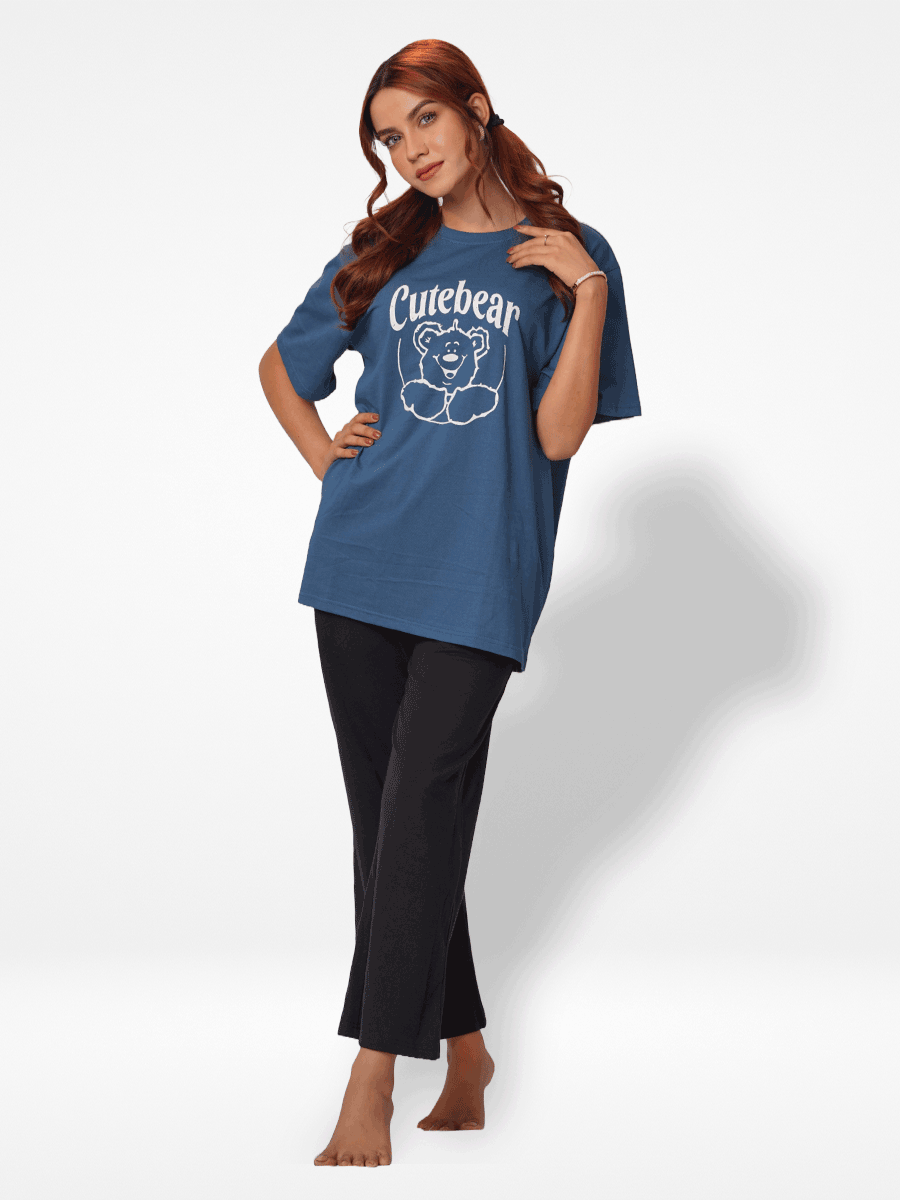 Women Cute Bear Print T-shirt with Short Sleeves and Round Neck