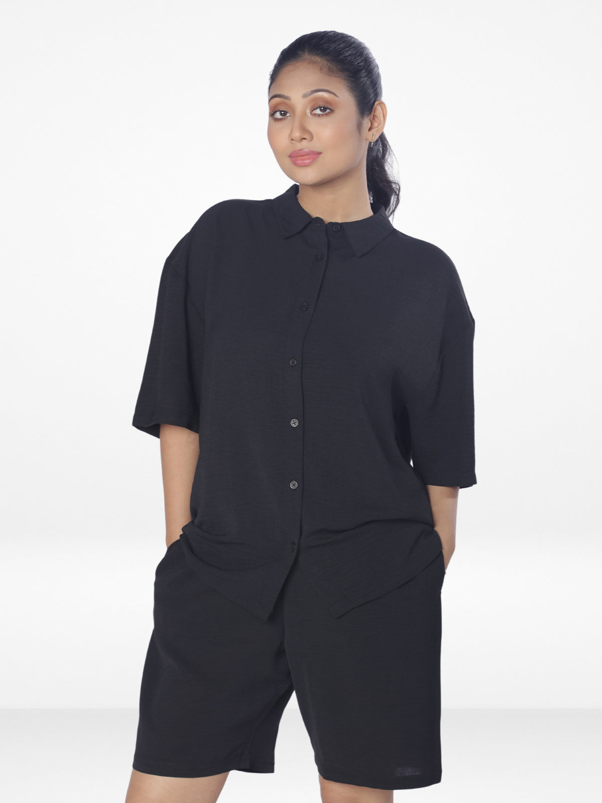 Women Solid Color Co-Ord Set| Short Sleeve| Black