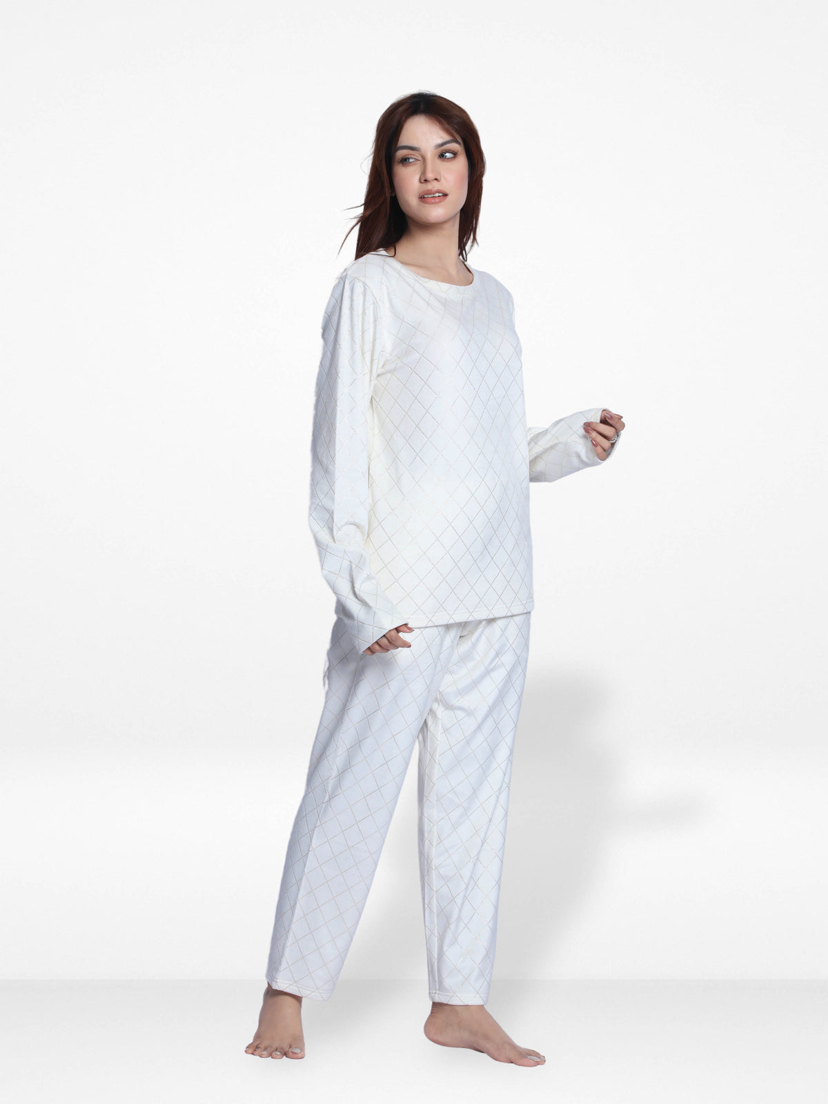 Women Velour Sleepwear Long Sleeve Pyjama Set White Foil Print