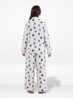 Women’s Teddy Bear Printed Pyjama Set – Micro Polar Fleece Long Sleeve Sleepwear Notch-Collar, Soft & Cozy 2-Piece Winter Nightwear