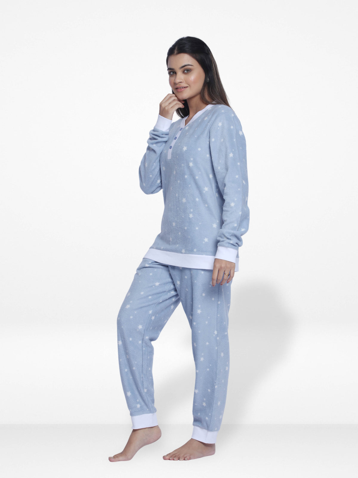 Women Micro Polar Fleece Sleepwear Long Sleeve Blue Star printed Pyjama Set