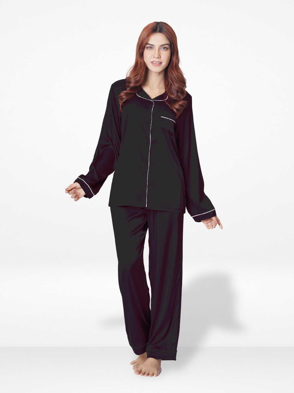 Satin Pajama Set for Women - Contrast Piping, Notch Collar, Button Down, Long Sleeve & Long Pant