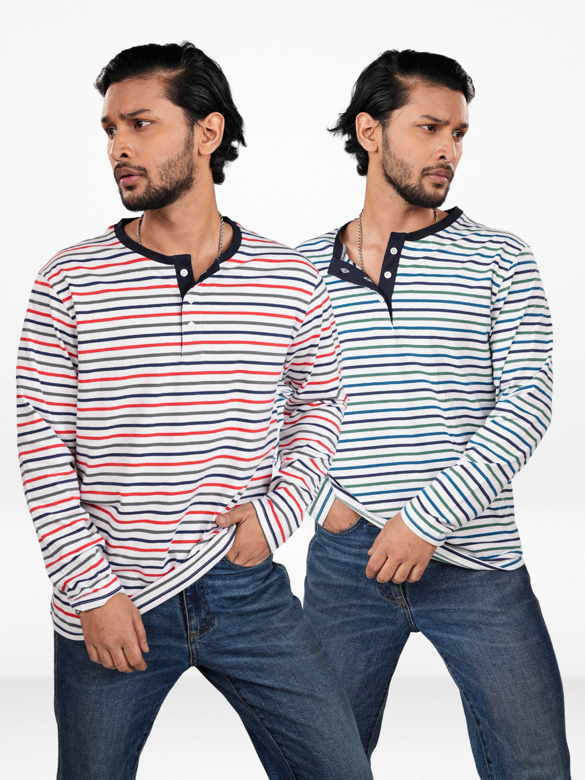 Men’s Striped Henley Neck T-Shirt – Regular Fit Long Sleeve Tee |Soft Stretch Casual Wear