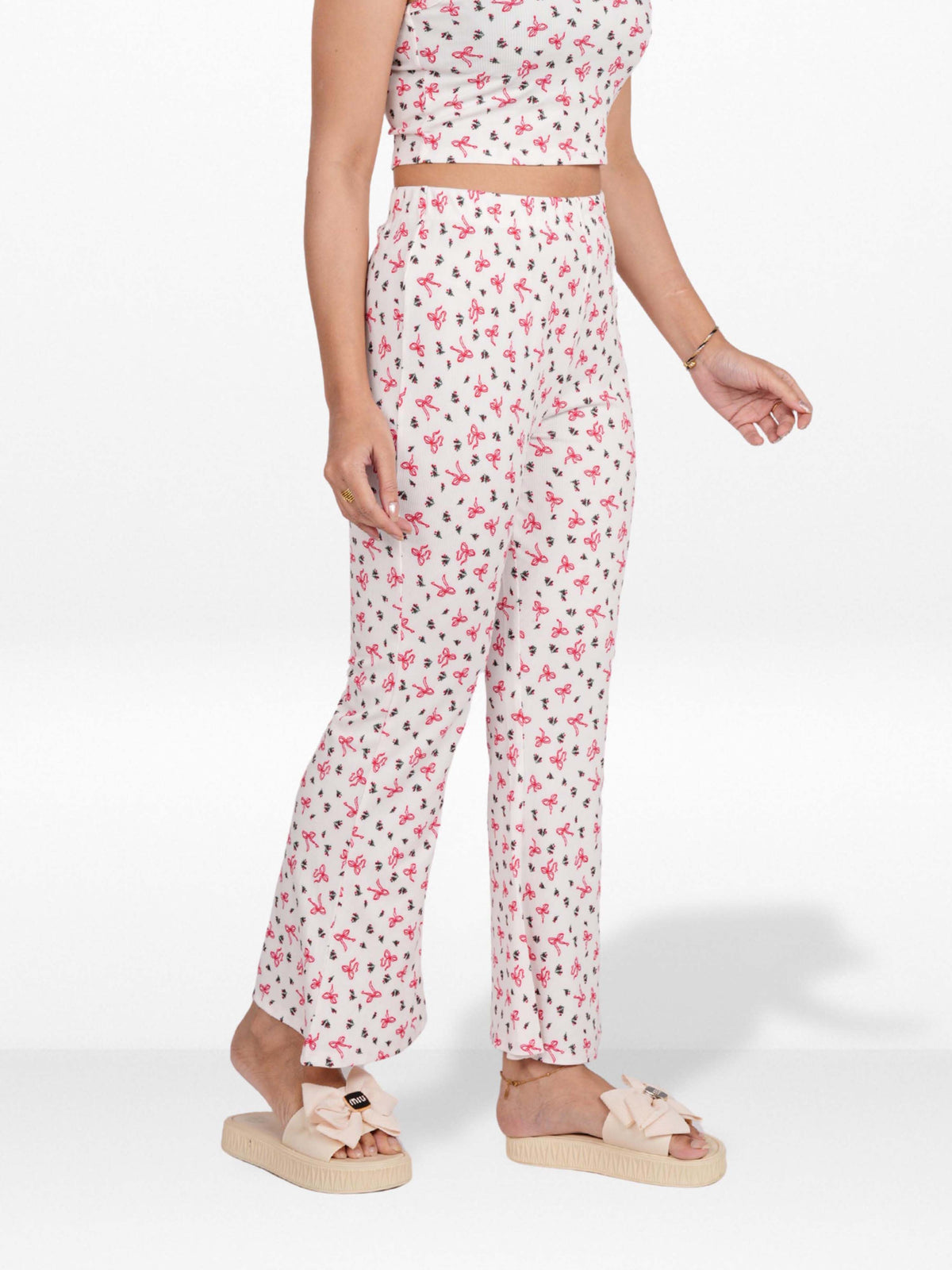 Women’s Printed Palazzo Pants | Wide Leg Lounge Trousers for Women | Soft Stretch Yummy Rib Fabric | Casual & Party Wear Bottoms - Egret