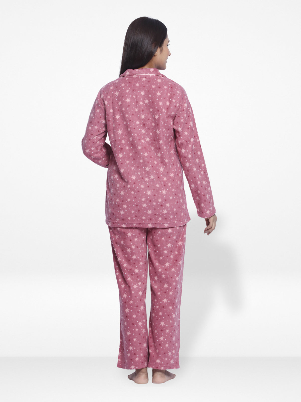 Women Micro Polar Fleece Star Print Sleepwear Long Sleeve Pyjama Set