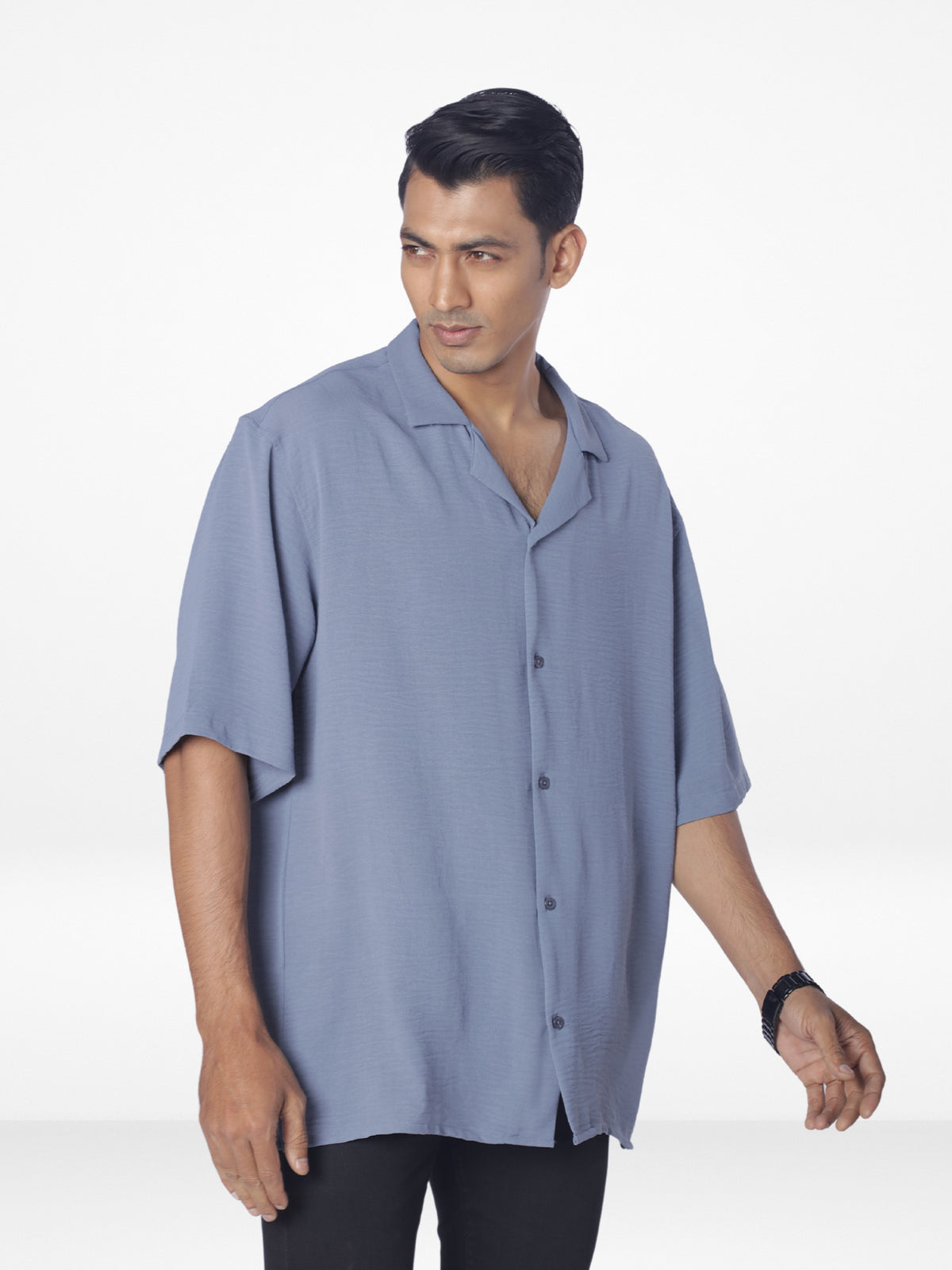 Men's Half-Sleeve Relaxed-Fit Casual Cuban Collar Shirt| SLATE BLUE