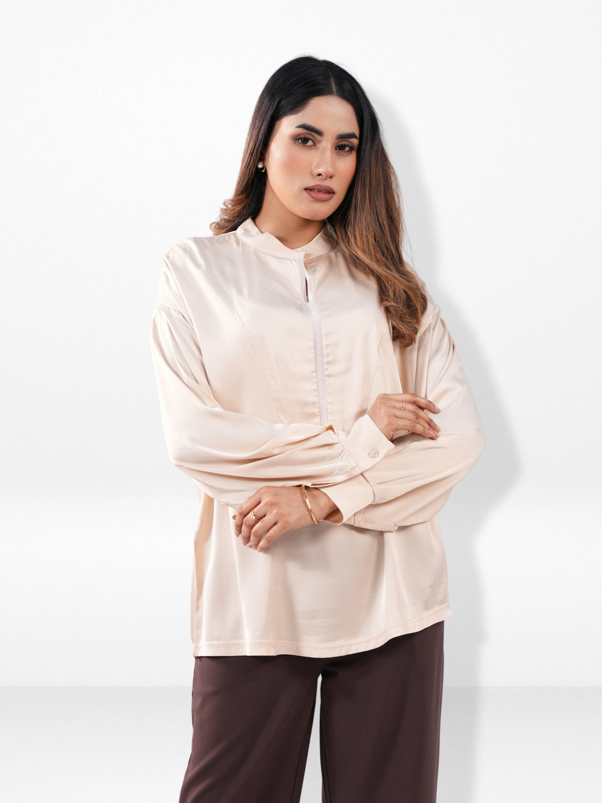 Women’s Satin Band Collar Top – Soft Shiny Blouse | Elegant Party & Everyday Wear
