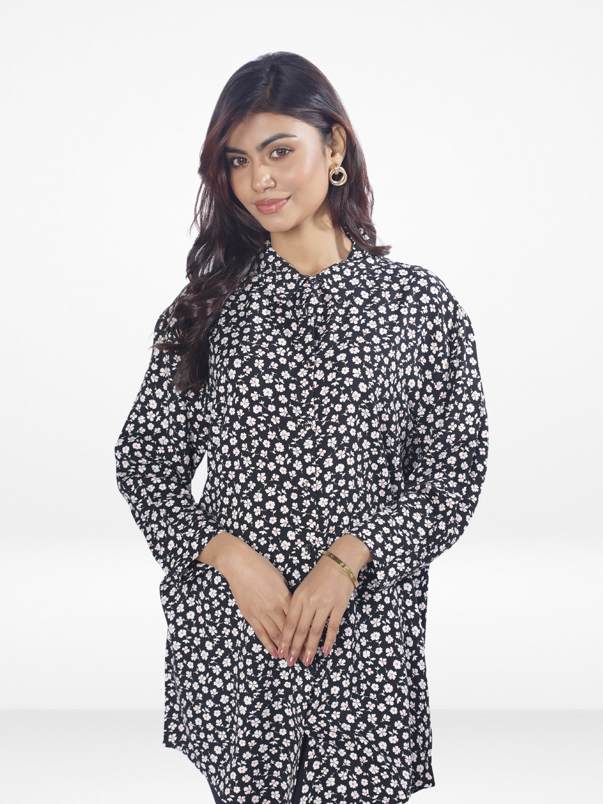 Women Flower Printed Long Top| Black Flower