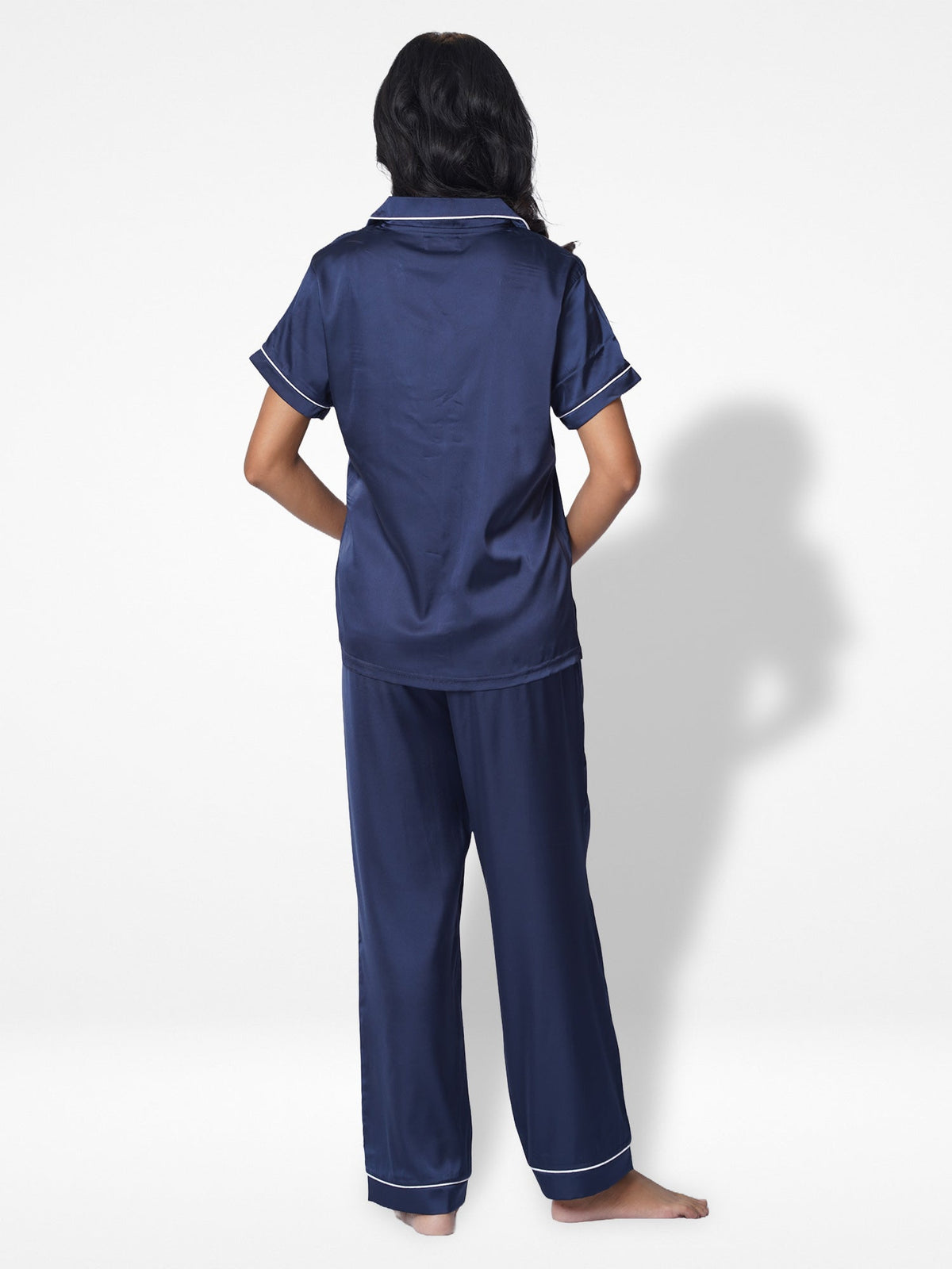 Satin Pajama Set for Women - Contrast Piping, Notch Collar, Button Down, Short Sleeve ; Long Pant