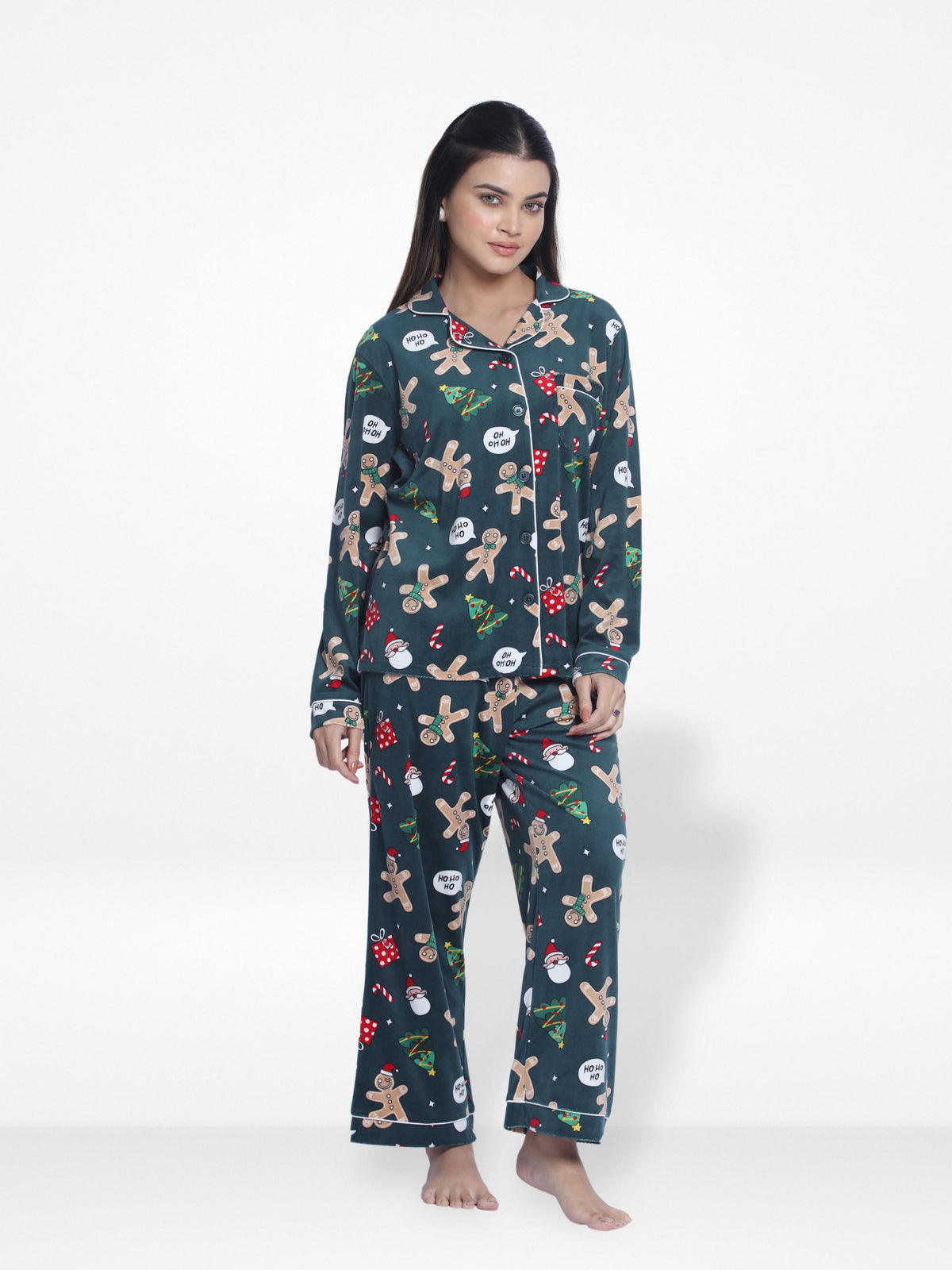 Women Velour Sleepwear Long Sleeve Dark Green AopPyjama Set