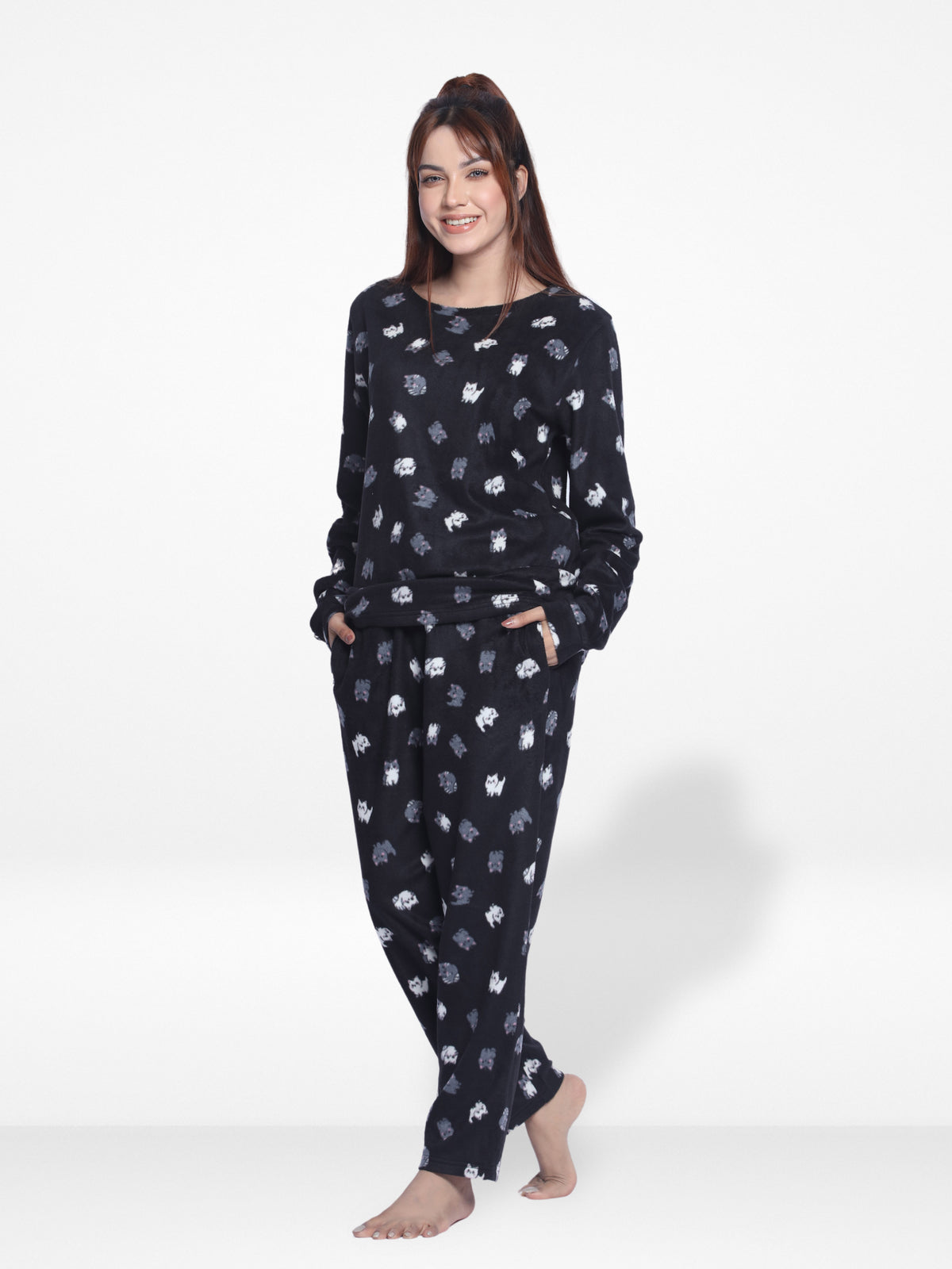 Women's Micro Polar Fleece Cute Cartoon Cat Print Crew Neck Long Sleeve Pyjama Set