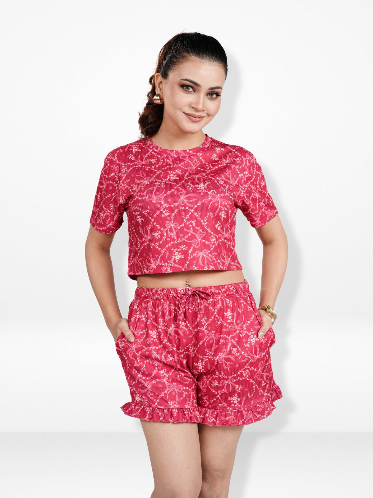 Women’s All Over Printed Crop Top Set – Crew Neck Half Sleeve Tee & Matching Bottom | Trendy Casual Two-Piece Wear