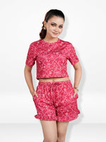 Women’s All Over Printed Crop Top Set – Crew Neck Half Sleeve Tee & Matching Bottom | Trendy Casual Two-Piece Wear