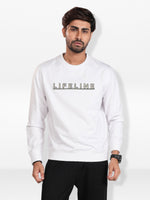 Man wearing a white sweatshirt with 'LIFELINE' text on a white background