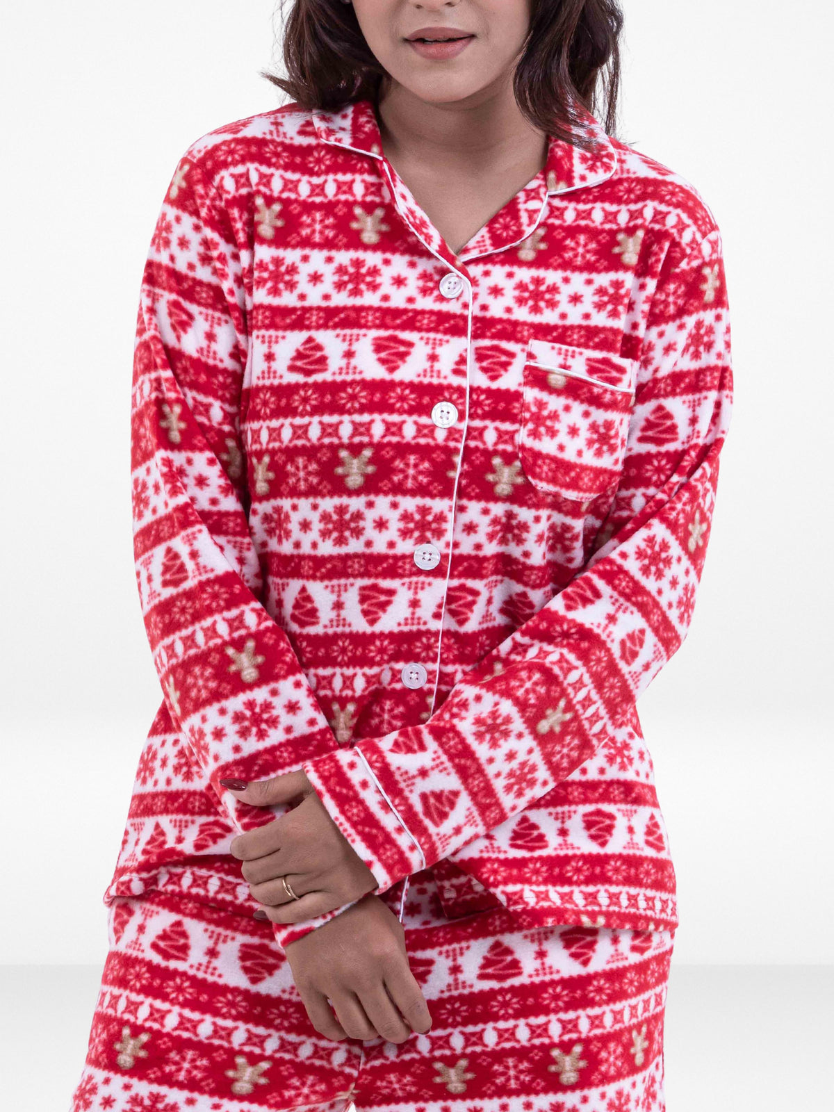 Women’s All Over Texture Printed Pyjama Set – Micro Polar Fleece Notch-Collar, Long Sleeve 2-Piece Sleepwear, Soft & Warm Nightwear