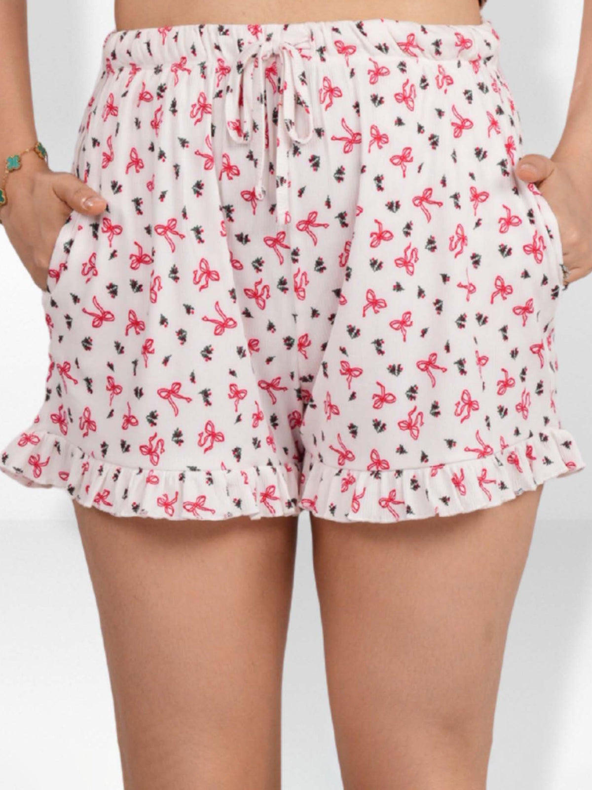 Womens All Over Printed Frill Height Style Bottom Shorts for Trendy Casual Wear - Egret