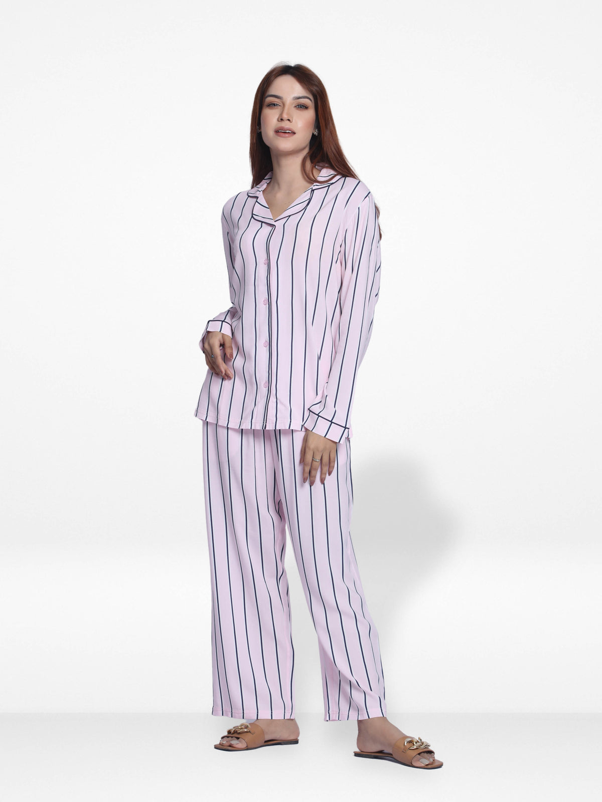 Women Pink Stripe Sleepwear Long Sleeve Pyjama Set