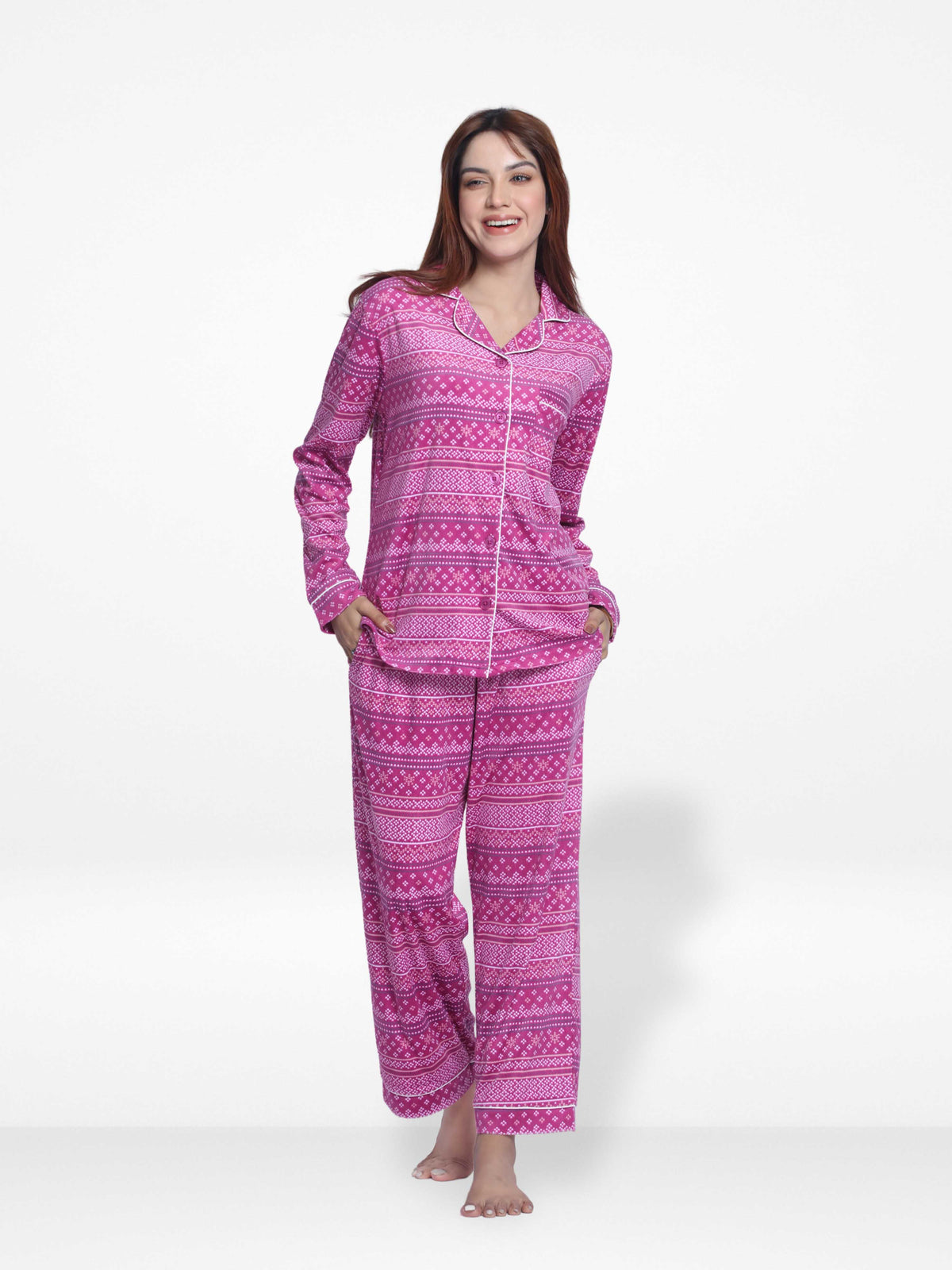 Women Velour Sleepwear Long Sleeve Pink Aop Pyjama Set