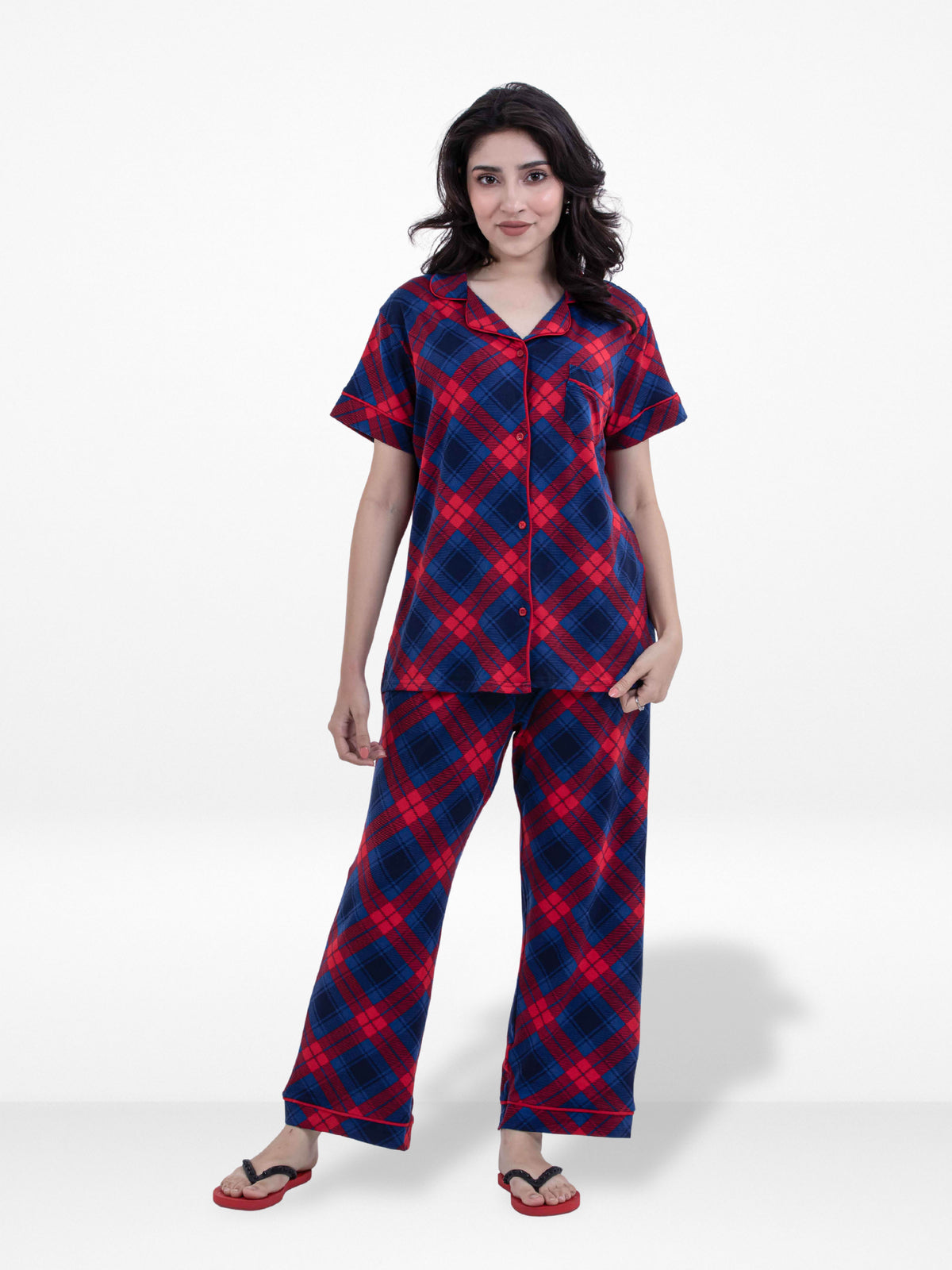 Women Red Checked Printed Suit Shirt & Pyjama Set , Night wear Dress Women's Printed Night Suit Set Shirt & Pyjama | Soft Nightwear Dress, 2 Piece Sleepwear for Women,